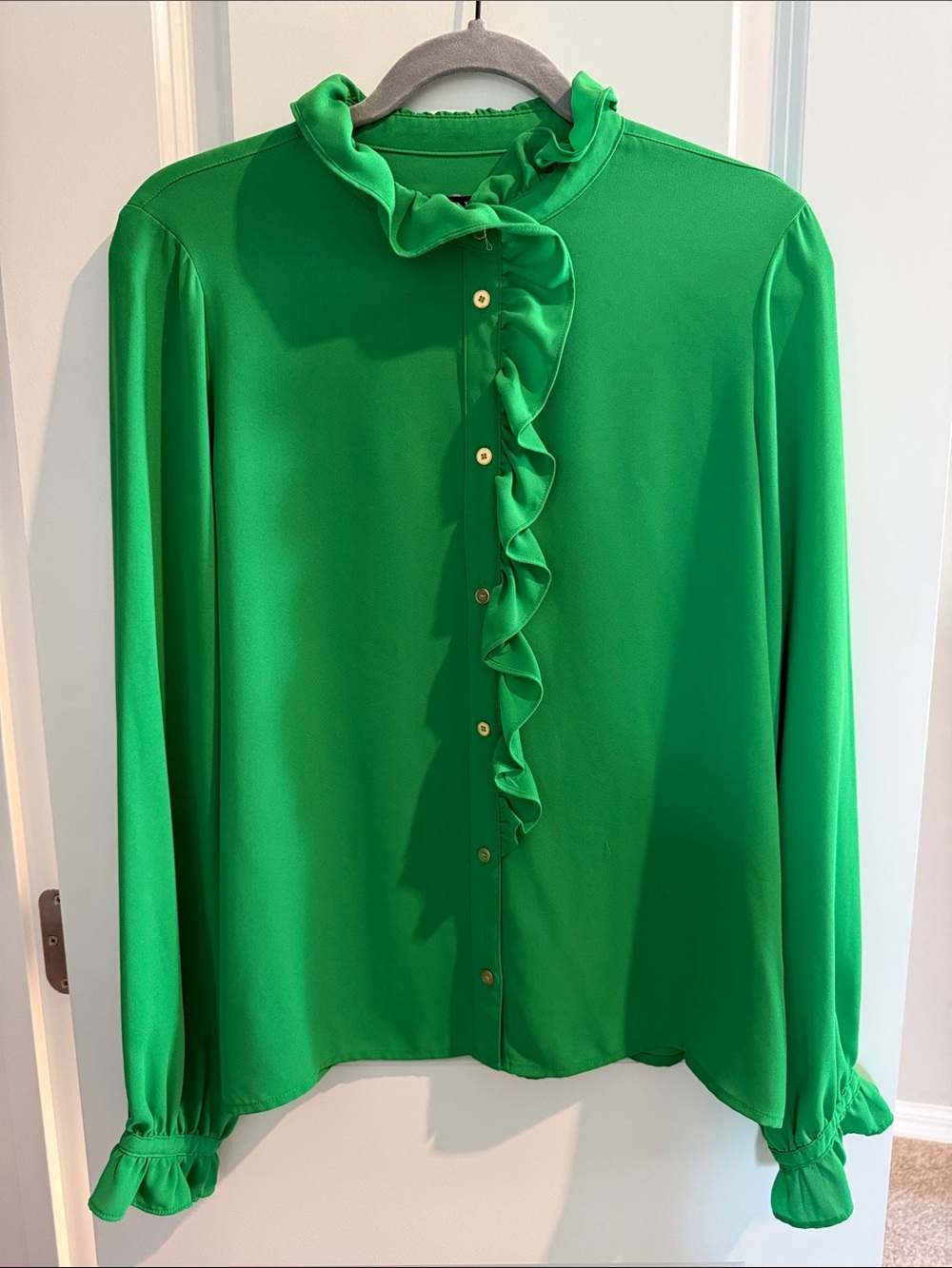 J. Crew Emerald Green Ruffle-Front Button Down Blouse